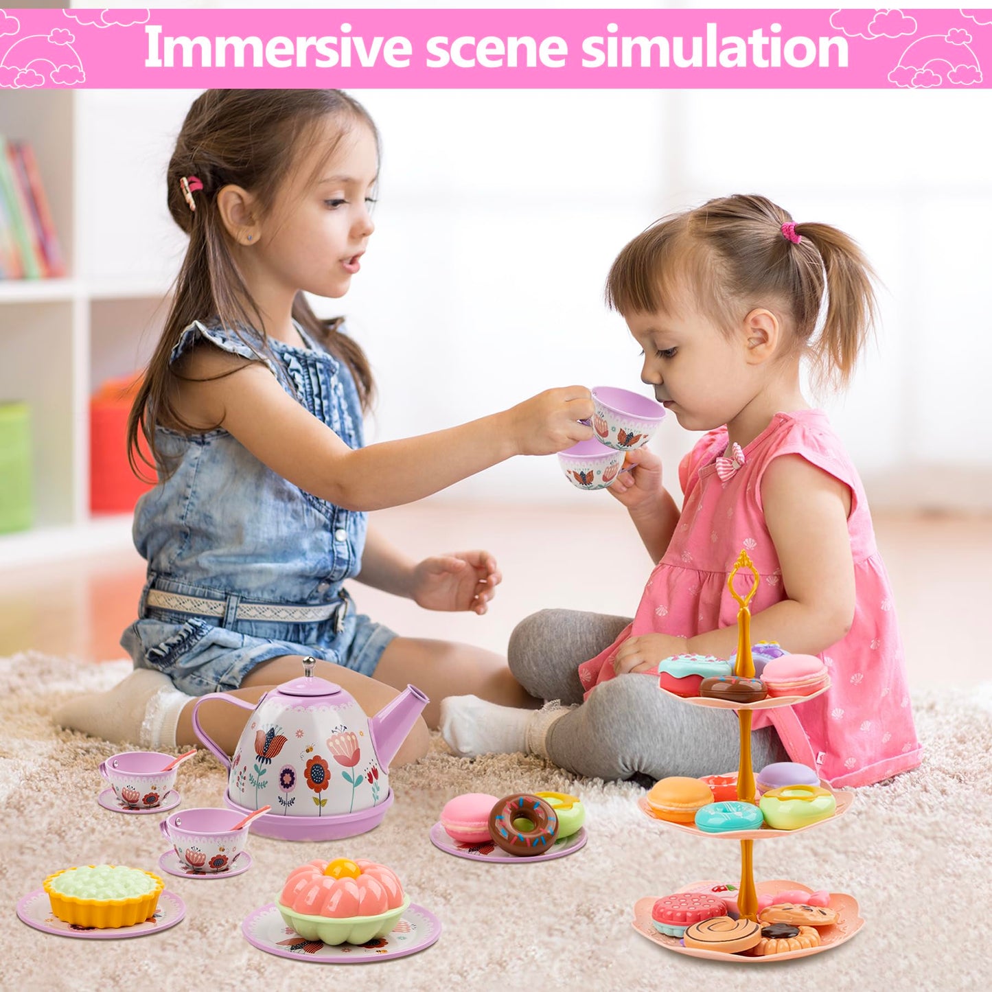 Tea Party Set for Little Girls, 48PCS Princess Tea Time Toy Playset, Kitchen Pretend Play Include Teapot Dishes Dessert & Carrying Case, 3 Year Old Girl Gifts(Flower Design)
