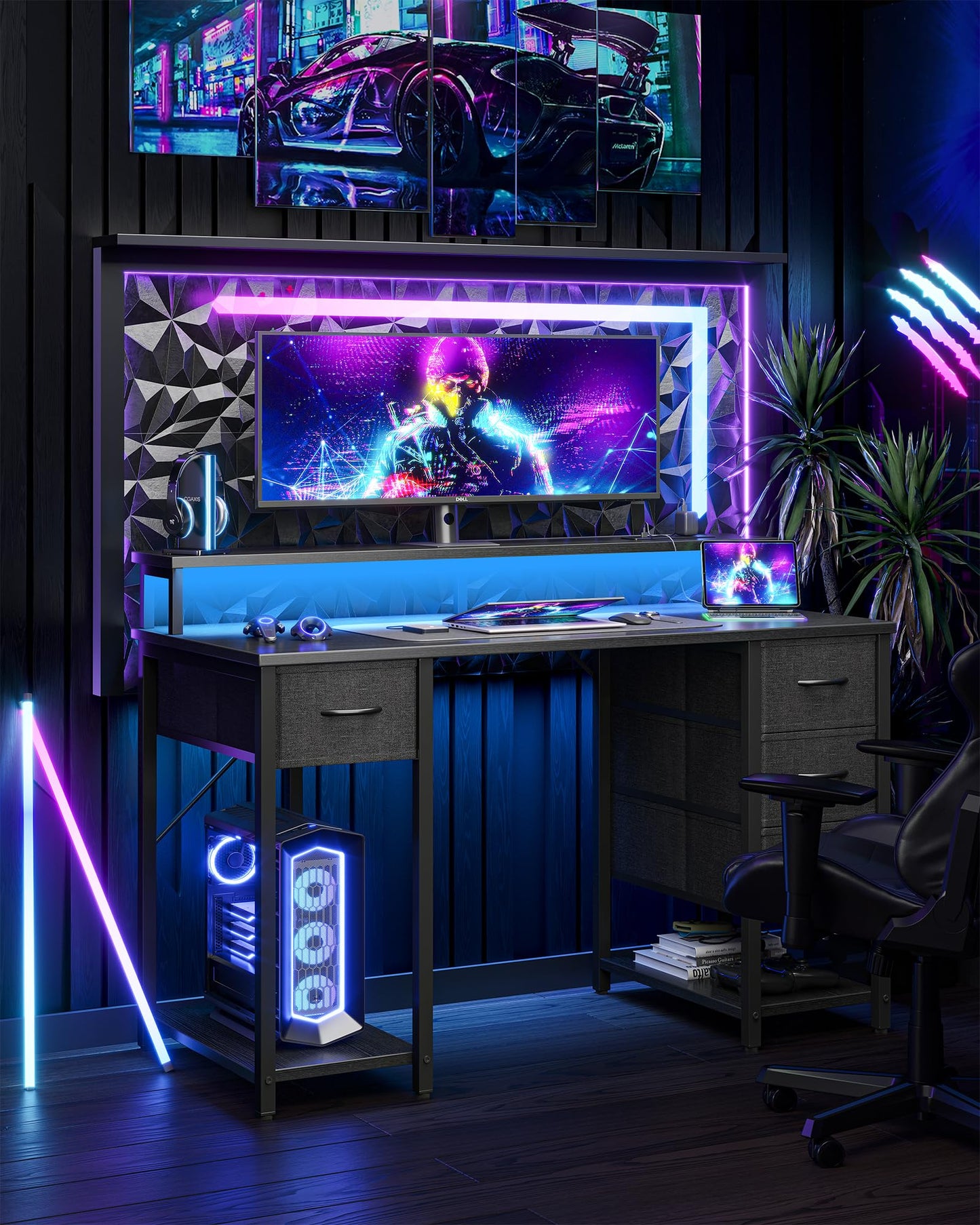 TIQLAB Computer Desk with 4 Drawers & LED Lights, 47 Inch Gaming Desk with Monitor Stand & Power Outlets, Home Office Desk with Large Storage Space, Study Work Table for Bedroom, Black