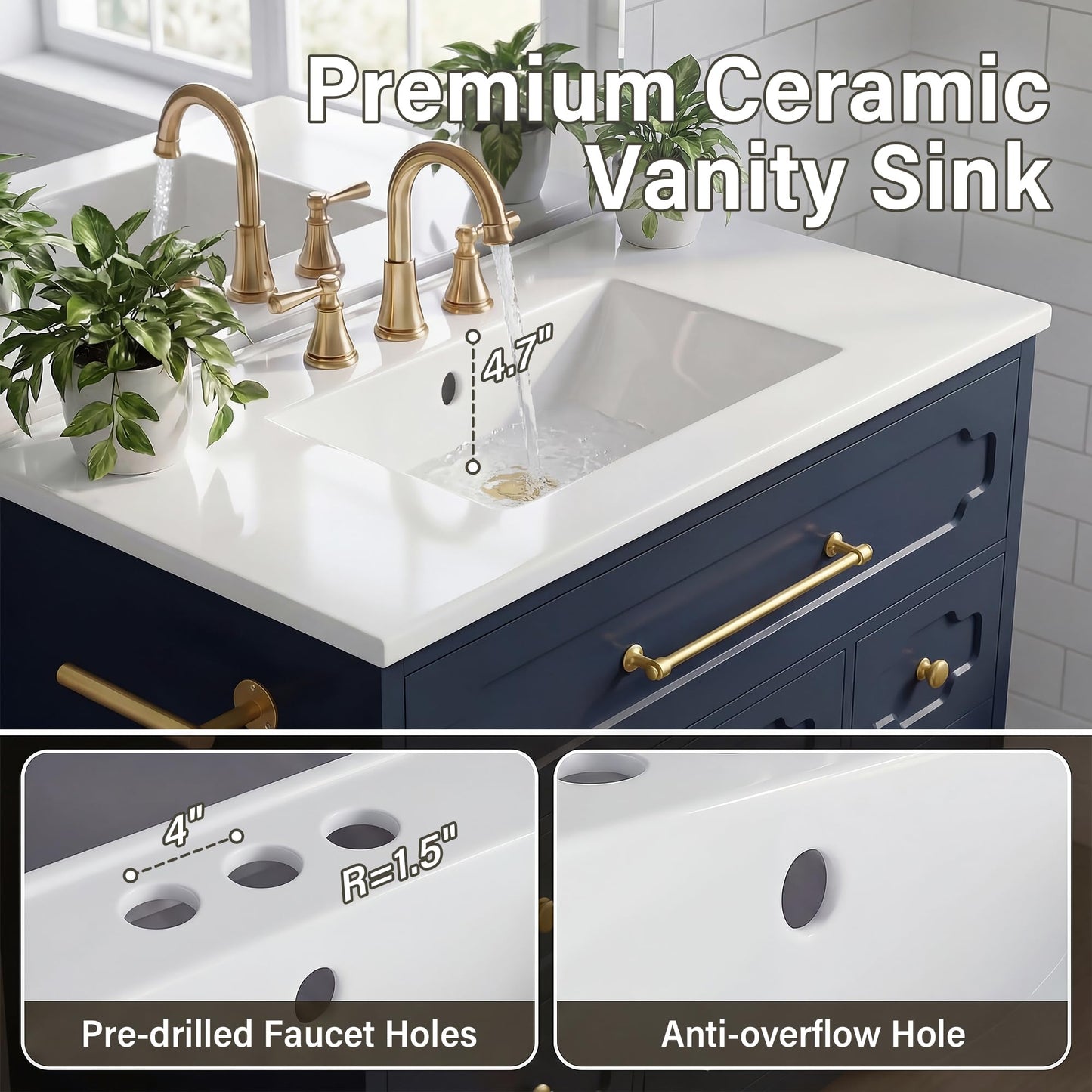YESHOMY 36 Inch Bathroom Vanity with Ceramic Sink,Bathroom Vanity Cabinet with Tip-Out Drawer & Toilet Paper Holder,Adjustable Shelf,Free Standing Bathroom Storage Cabinet with 5 Drawers,White