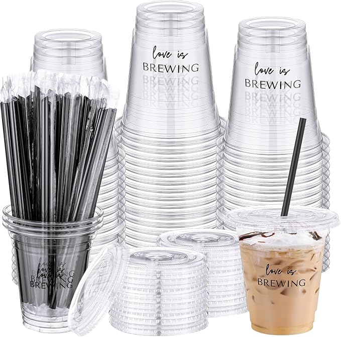 50 Set Love Is Brewing Bridal Shower Cup Disposable Wedding Coffee Cups Bulk Clear Plastic Drinking Iced Cup Wedding Coffe...