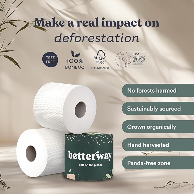 Betterway Bamboo Toilet Paper 3 Ply - Sustainable Toilet Tissue - 36 Long-Lasting Organic Rolls & 360 Sheets Per Roll - Septic Safe - Plastic & PFAS Free - FSC Certified