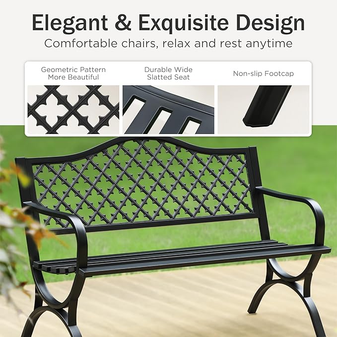 PHI VILLA 50" Garden Metal for Outdoors Weatherproof 2-Person Steel Furniture for Garden, Patio, Porch, Black