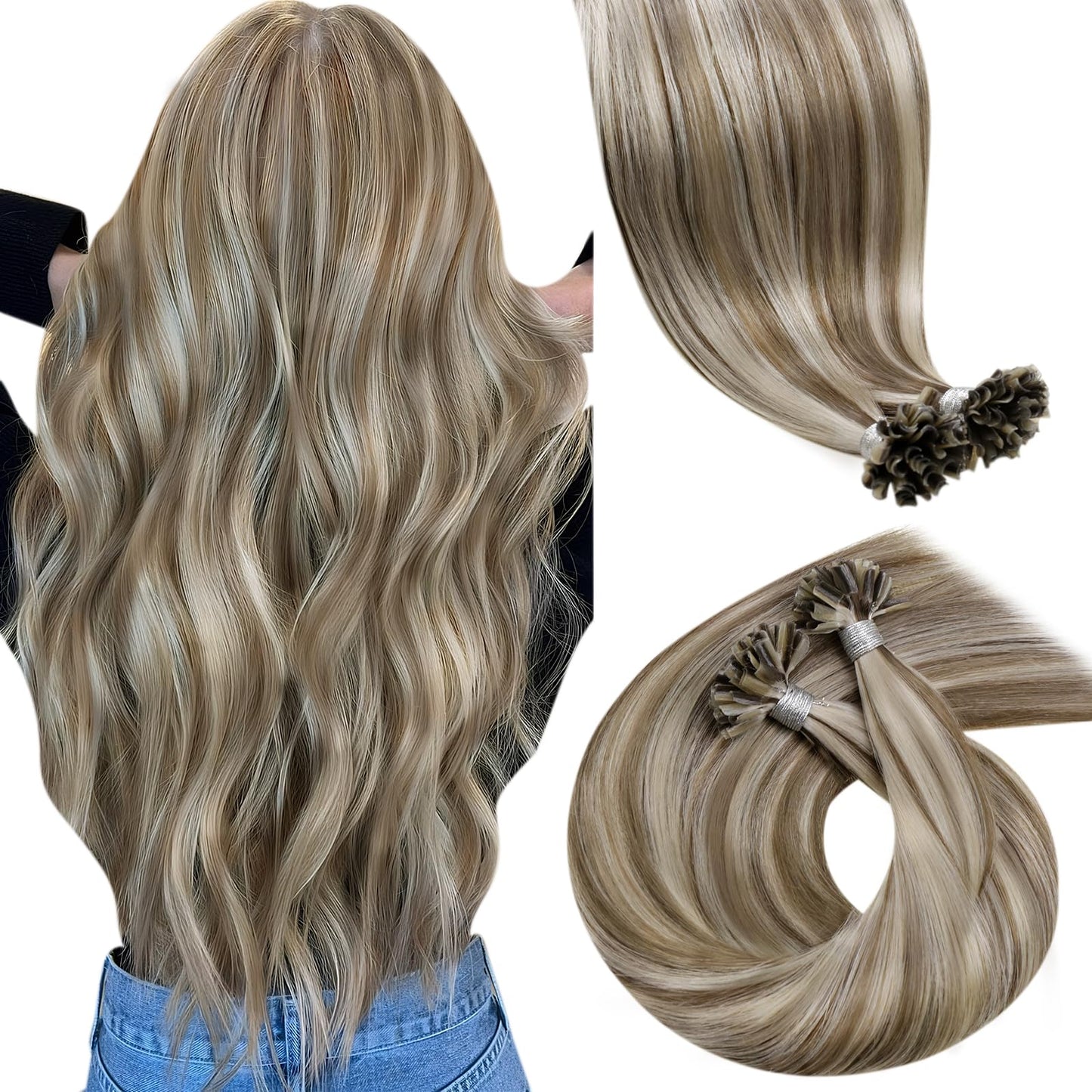 LaaVoo U Tip Hair Extensions Human Hair Blonde Utip Hair Extensions Human Hair Highlight Ash Brown with Light Blonde K Tip Hair