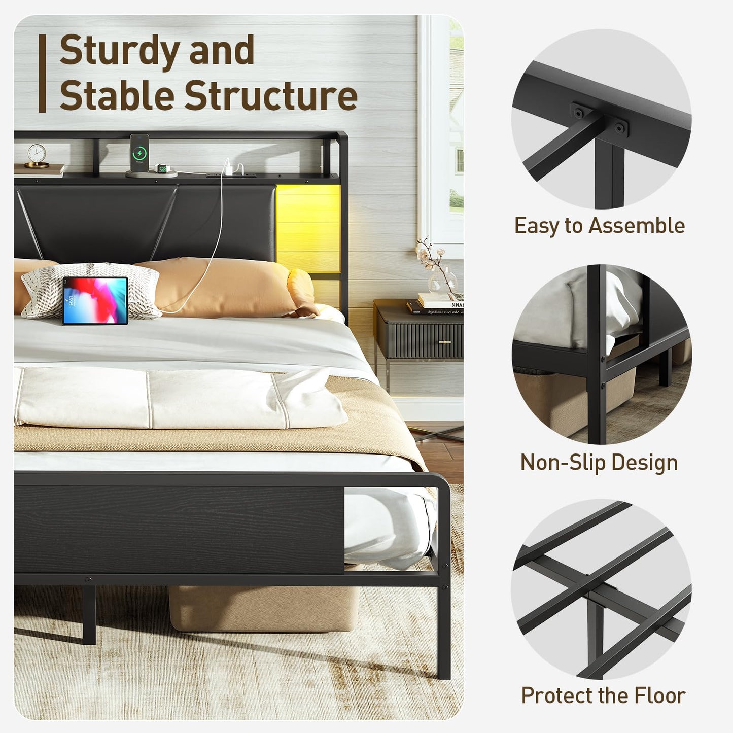 RALGEND Queen Bed Frame with Upholstered Headboard, LED Bed Frame with Charging Station, Metal Platform Bed with Under Bed Storage, No Box Spring Needed, Noise Free, Easy Assembly, Black