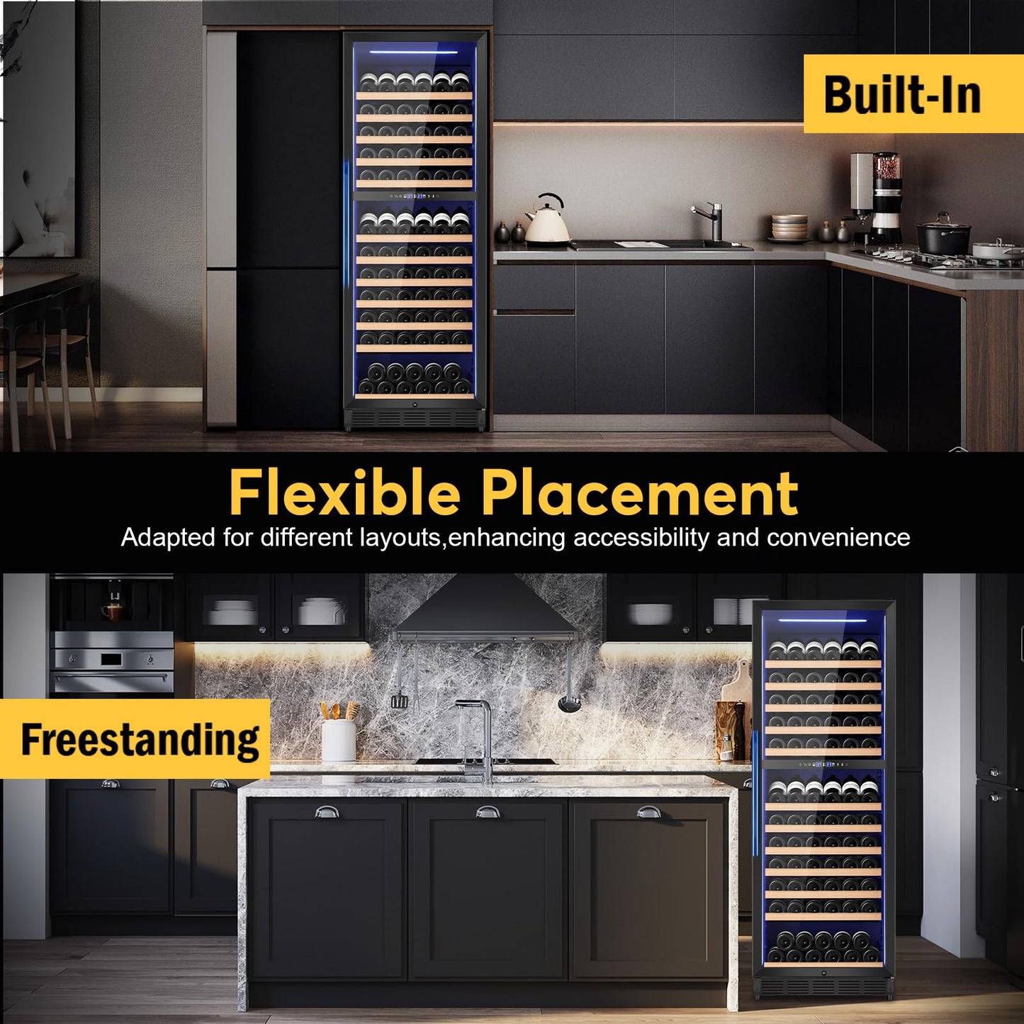 FoMup Wine Fridge Dual Zone, Freestanding Wine Cooler Refrigerator 180 Bottles Large Capacity with Sliding Rail Wooden Shelves and Door Lock, Black