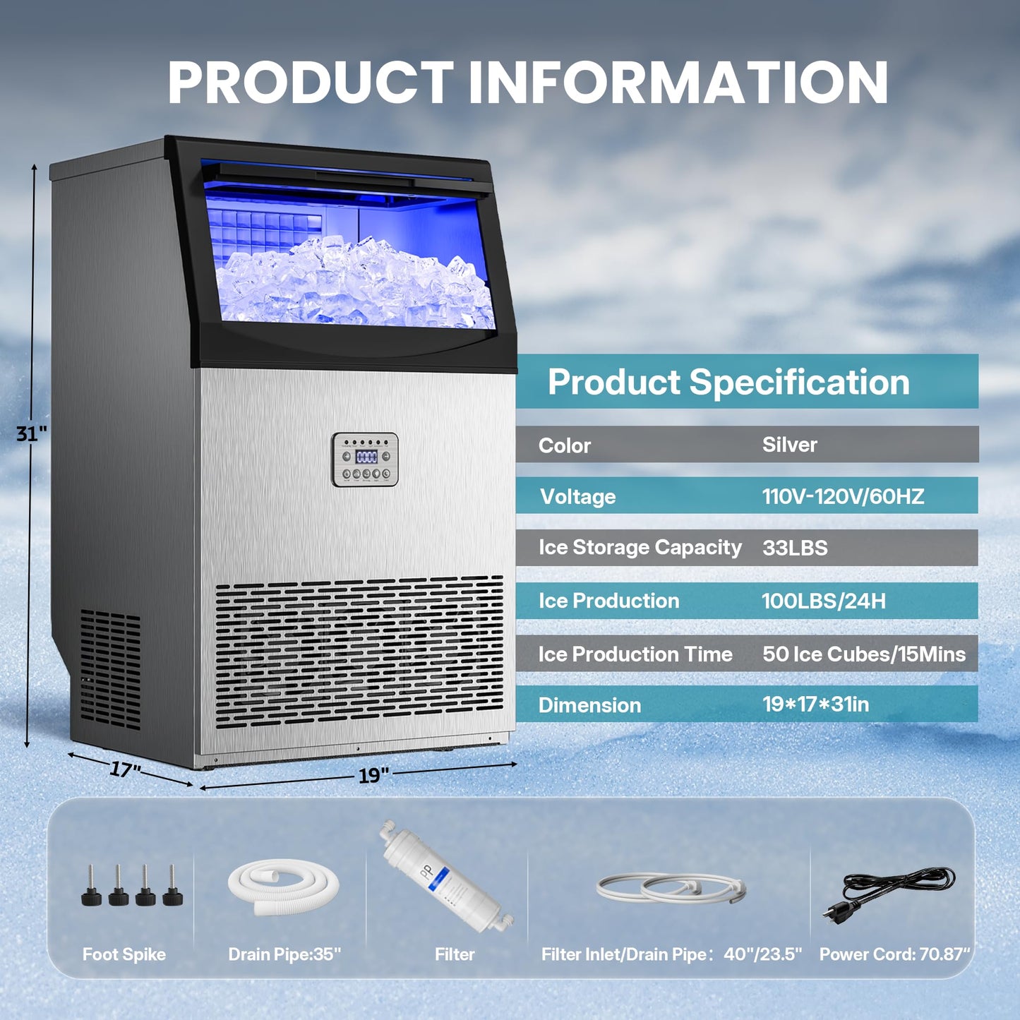 Manastin Commercial Ice Maker, 120lbs/24H Large Ice Machine, 33lbs Storage Capacity, 50 Ice Cubes/15 Mins, Under Counter Ice Maker with Water Filter, Self-Cleaning, Timer, for Home & Bar