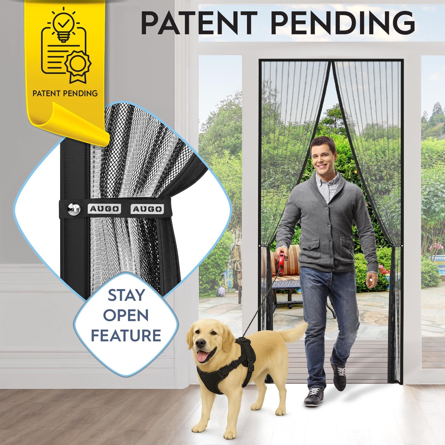 AUGO Magnetic Screen Door - Self Sealing, Heavy Duty, Hands Free Mesh Partition Keeps Bugs Out - Pet and Kid Friendly - Patent Pending Keep Open Feature - 38 Inch x 97 Inch
