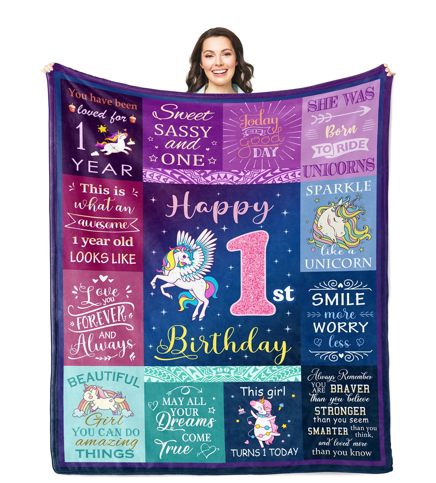 Solzien 1 Year Old Girl Birthday Gift Blanket 50"x40", Gifts for One Year Old Girl, First/1st Birthday Gift Ideas