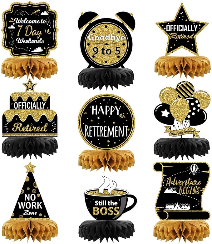 9PCS Retirement Party Decorations, Black and Gold Retirement Table Decorations, Retirement Centerpieces for Table, Retirem...