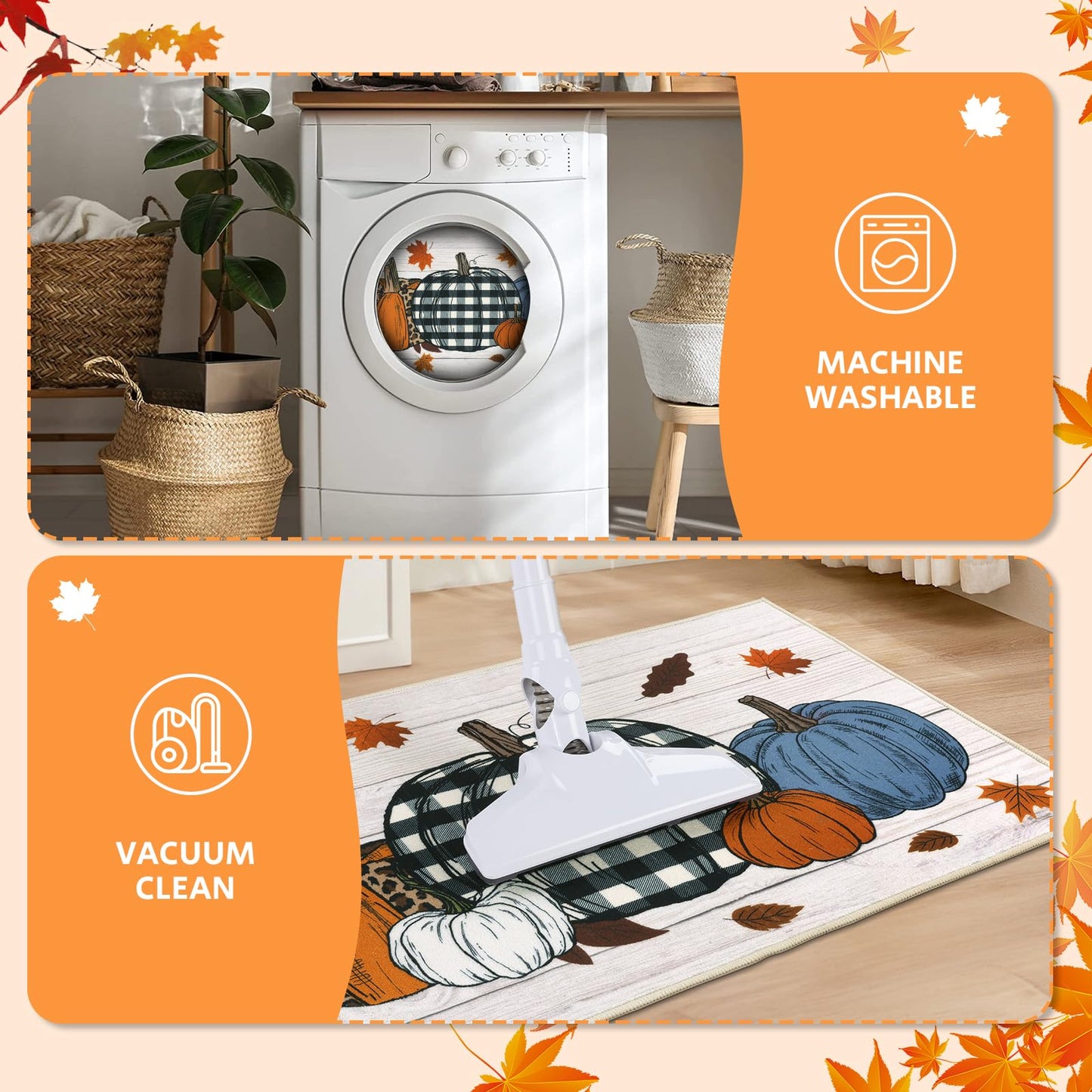 SHACOS Fall Pumpkins Kitchen Rug Sets of 3 Piece Non Slip Washable Kitchen Mats for Floor Autumn Harvest Farmhouse Floor Carpet for Hallway Entryway