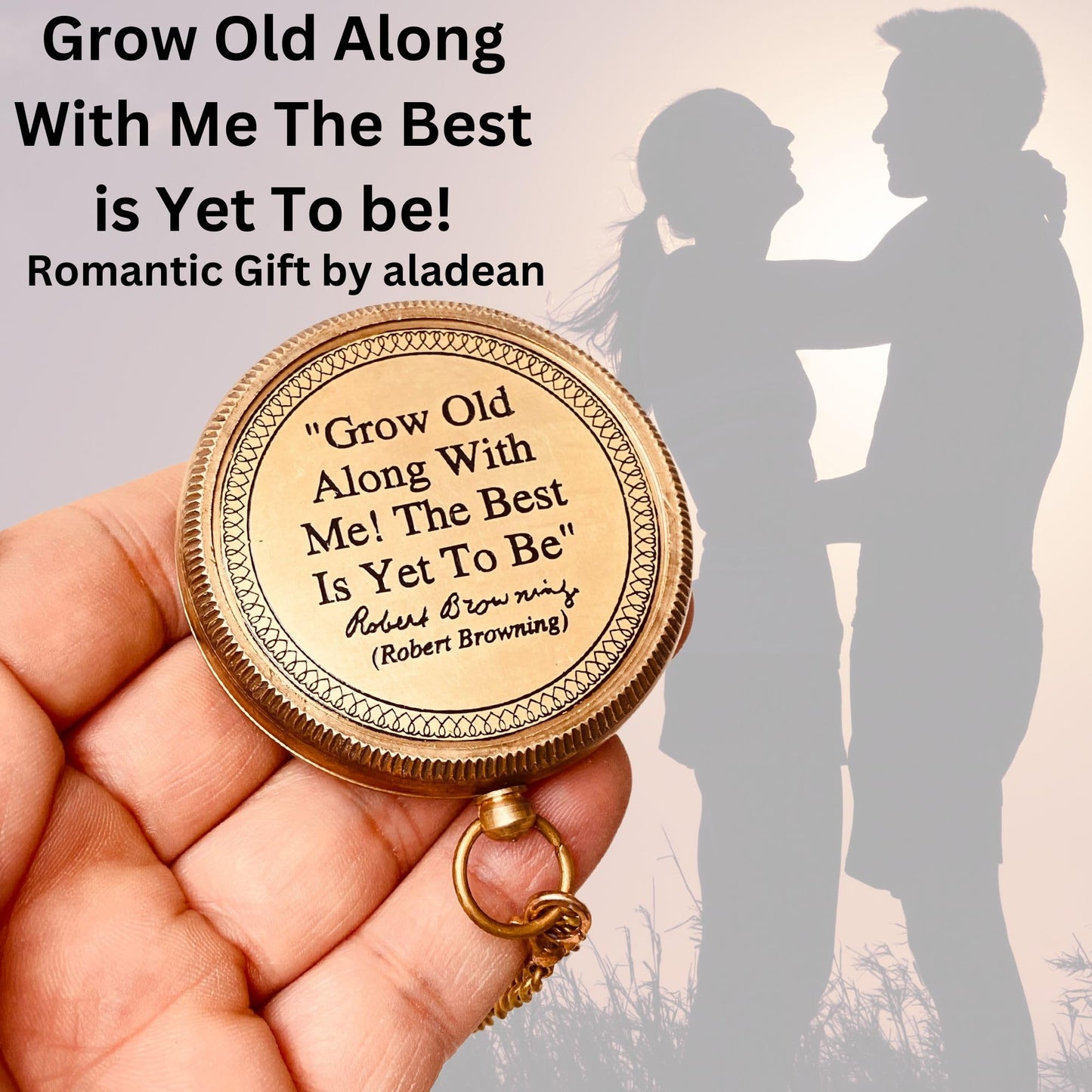 Romantic Gifts for Husband Wife - Brass Compass 2" | Engraved Quote Birthday Wedding Anniversary Christmas Lovers Gifts idea for Boyfriend Girlfriend Men Women Him Her (Grow Old Along with Me)