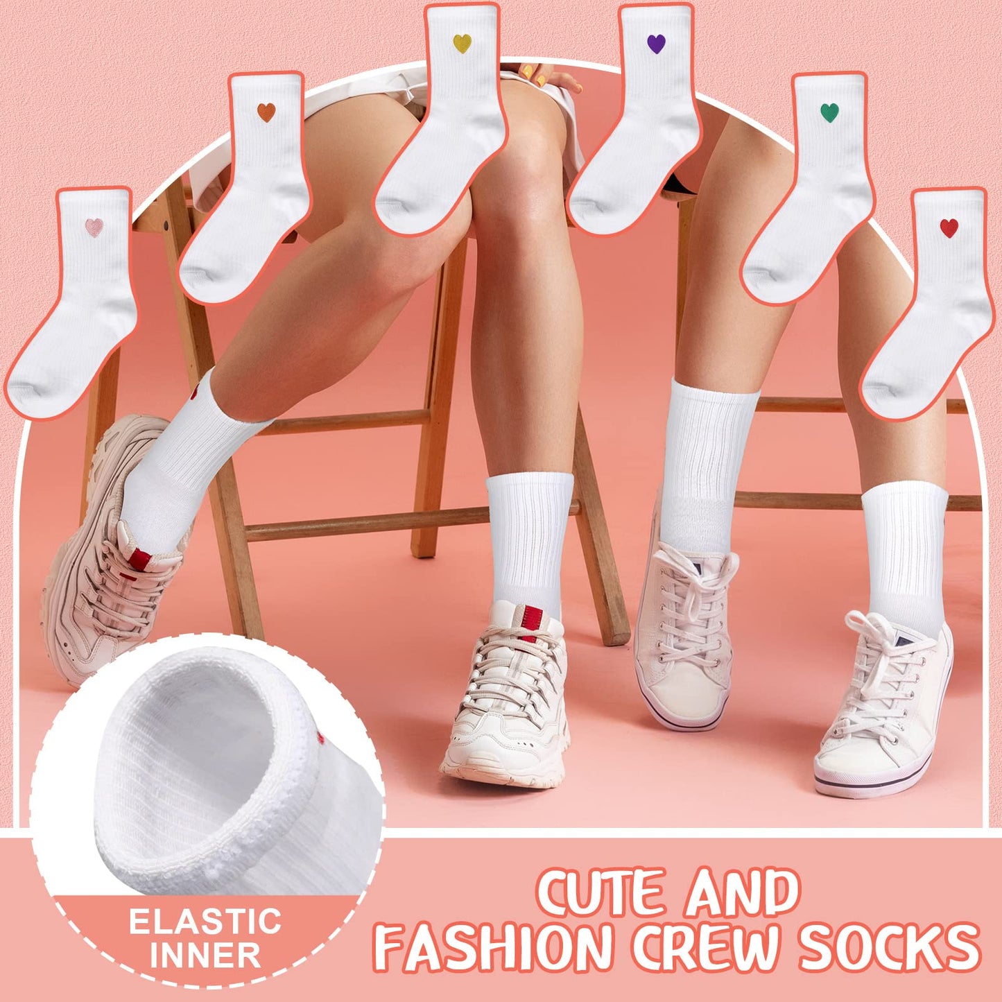 Umigy 6 Pair Women's Crew Socks Heart Shape Ankle High Cotton Fun Cute Athletic Running Socks for Women, Valentine's Gifts, for Homeless, Size 9-11, White