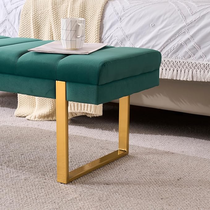 AIITTCC Velvet Ottoman Bedroom Bench, 46.5" Tufted Padded End of Bed Bench with Gold Legs, Upholstered Shoe Bench for Living Room Entryway Window (Green, 46" Wide)