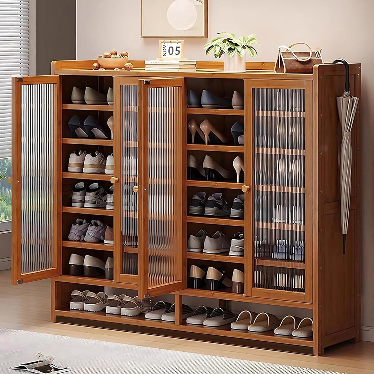 sasygfi 8 Tier Bamboo Shoe Cabinet, Shoe Storage Cabinet with Doors, Large Shoe Organizer with Shelves, Shoe Rack Organizer for Entryway, Hallway, Closet, Living Room (Brown)