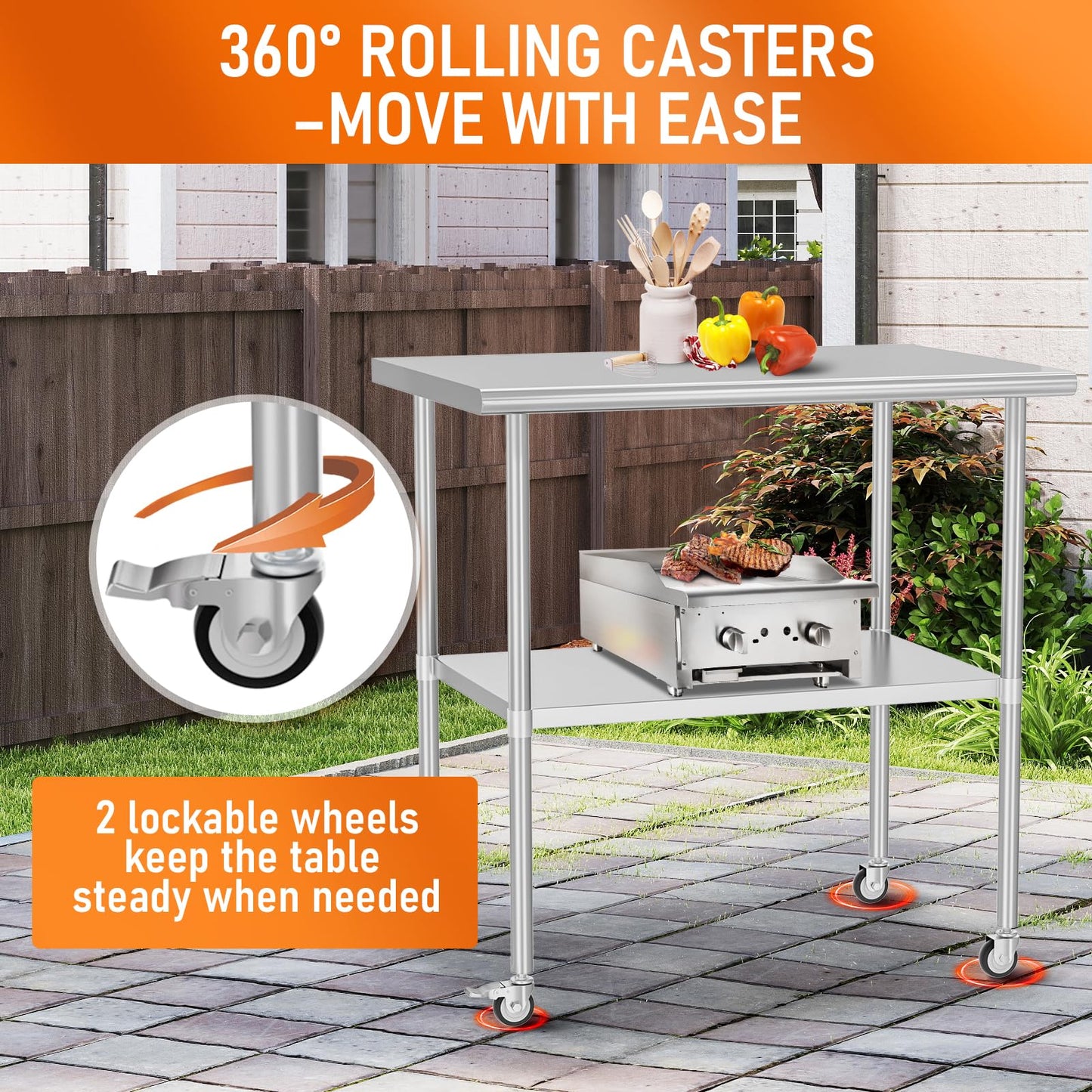 HOCCOT Stainless Steel Table with Wheels 30" x 36" Utility Worktable with Adjustable Undershelf for Commercial Kitchen, Garage, Restaurant