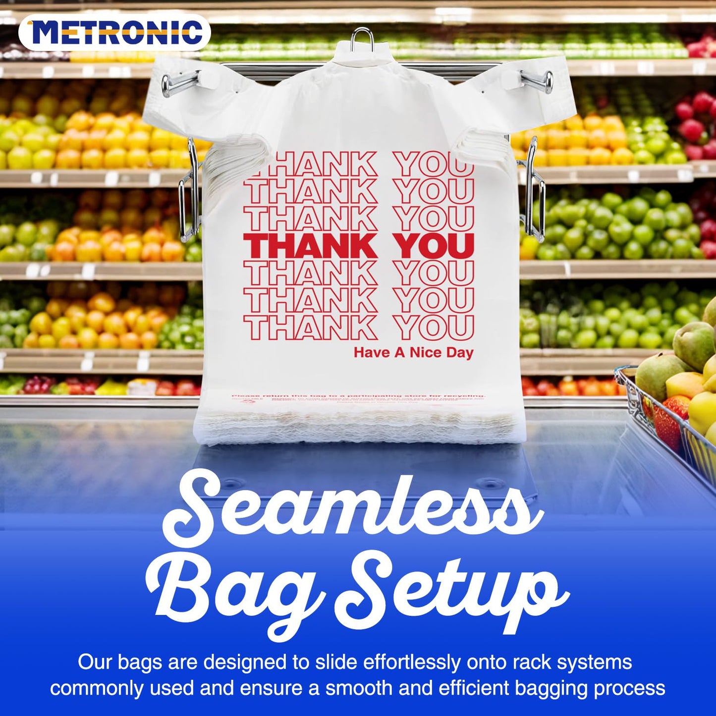 METRONIC 1000 Count White Thank You Bags with Handles, 11.5" x 6.5" x 21" Plastic Carry Bags for Retail, Supermarket, Grocery Shopping Bag for T-shirt Packaging, Takeout, Convenience Stores, in Bulk