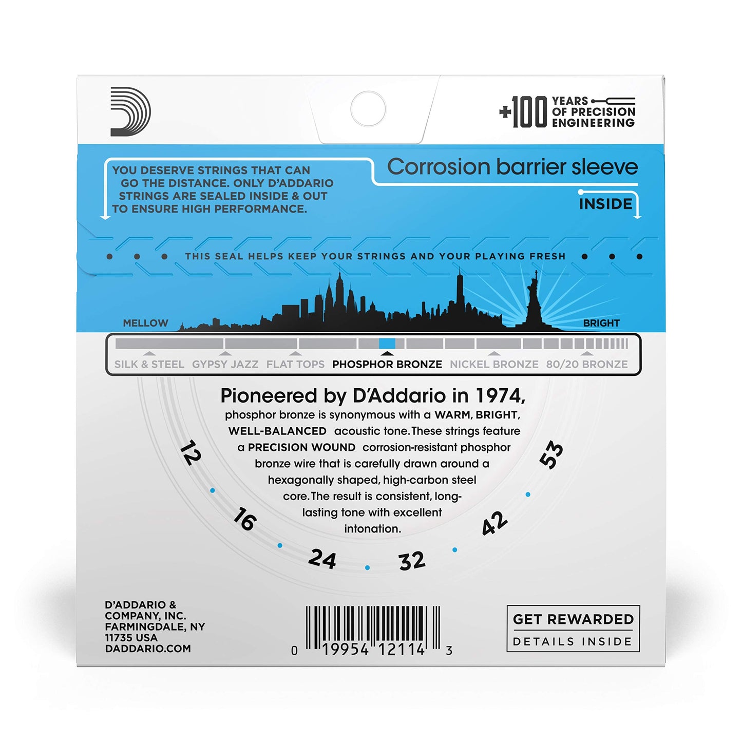 Daddario Acoustic Guitar Strings, Phosphor Bronze, Ej16, Light Gauge 12-53, 6-String Set, Pack Of 1