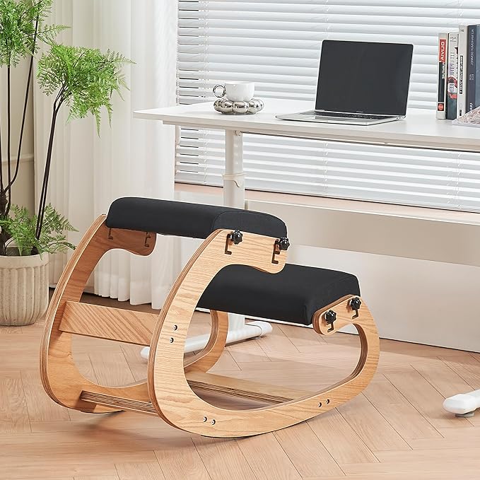 MoomJiee Ergonomic Kneeling Chair,Adjustable Rocking Knee Chair for Home Office,Wooden Office Chair for Back Pain Relief, Black
