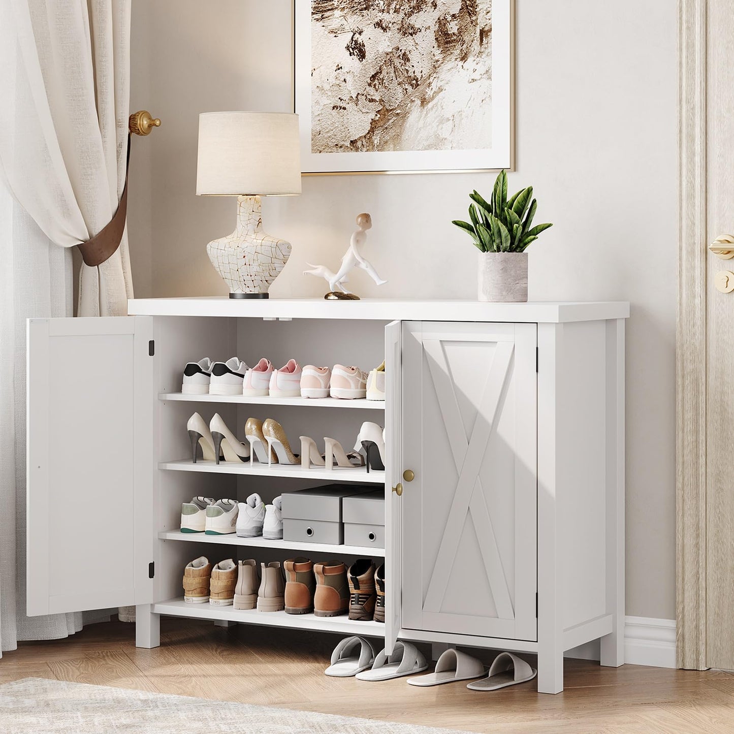 GarveeHome Shoe Cabinet with Doors, Farmhouse 35'' Shoe Storage Cabinet, 4-Tier Entryway Shoe Storage, Large Shoe Organizer Cabinet for Living Room Hallway, White