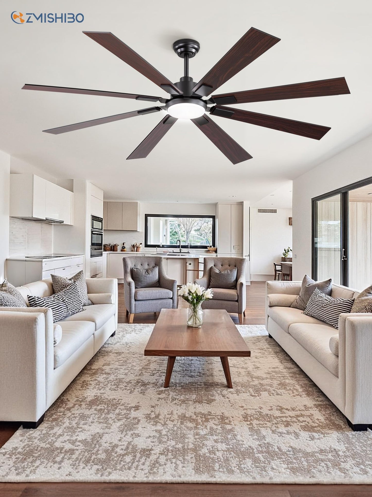 ZMISHIBO 65 Inch Ceiling Fans with Lights and Remote, Black Large Ceiling Fan with 3000-6000K Dimmable, Quiet Reversible DC Motor, 6 Speeds, 8 Blades Indoor/Outdoor Ceiling Fan for Patios Living Room