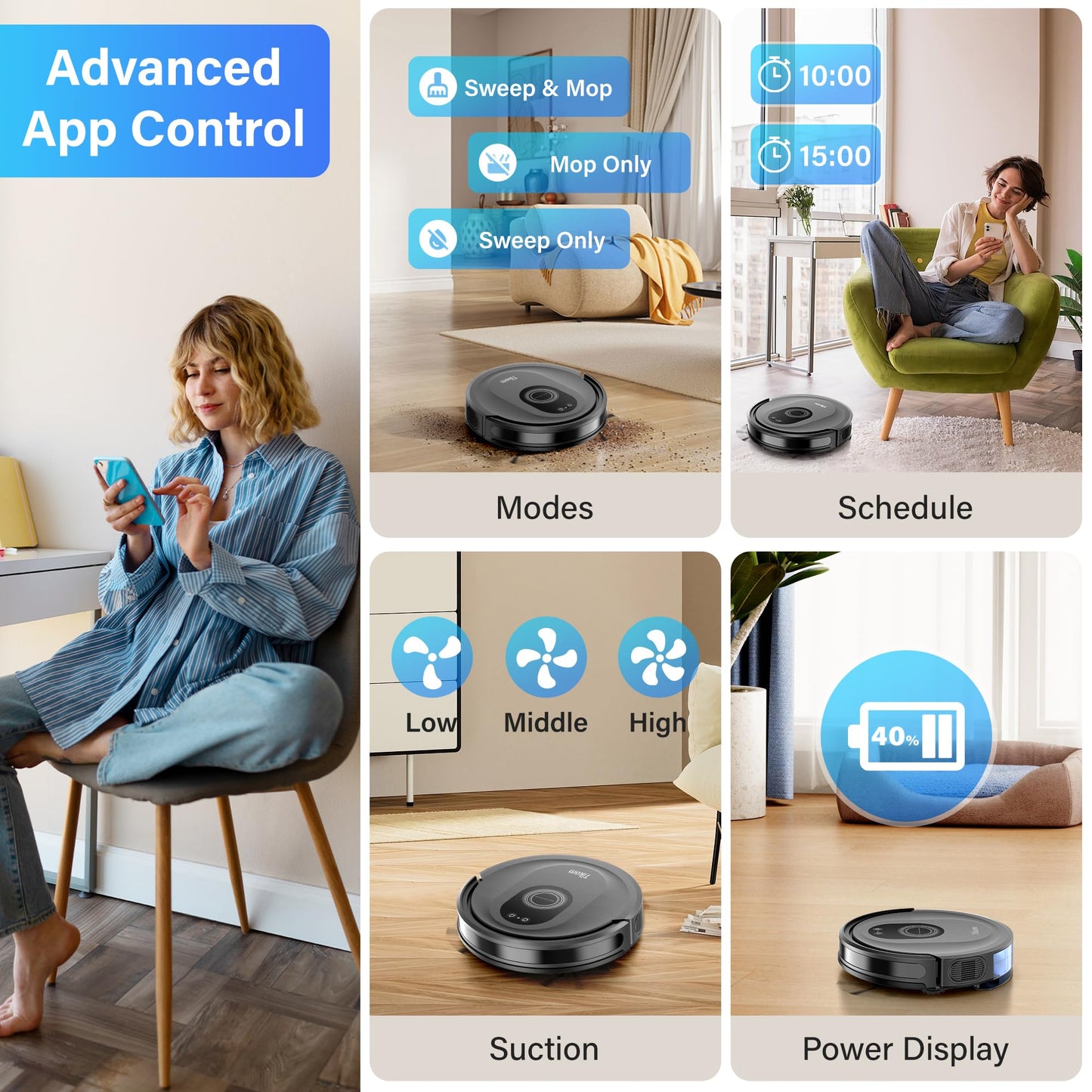 Tikom G8000 Max Robot Vacuum and Mop Combo, 5000Pa Suction, 150 Min Run Time, Black, App & Remote Control, Ideal for Hard Floors & Carpets