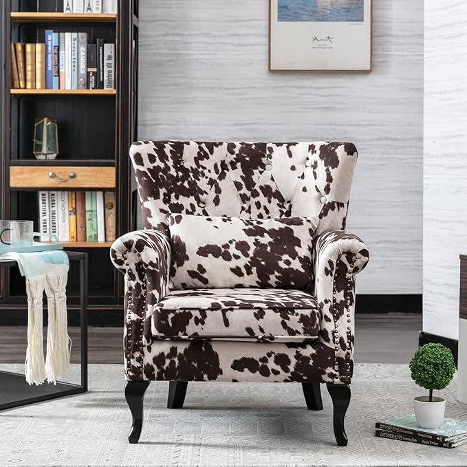 chairus Mid-Century Modern Accent Chairs Set of 2, Comfy Tufted Single Sofa Chair Wingback Armchair with Pillow for Club, Living Room, Bedroom - Velvet, Cow