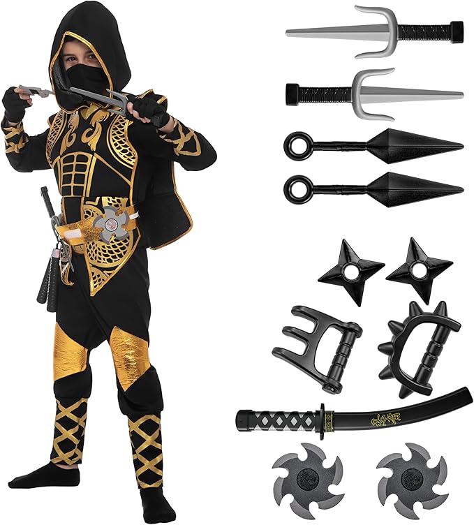 Spooktacular Creations Golden Ninja Costume Set, Ninja Jumpsuit with Foam Accessories for Kids, Toddler Halloween Outfit f...