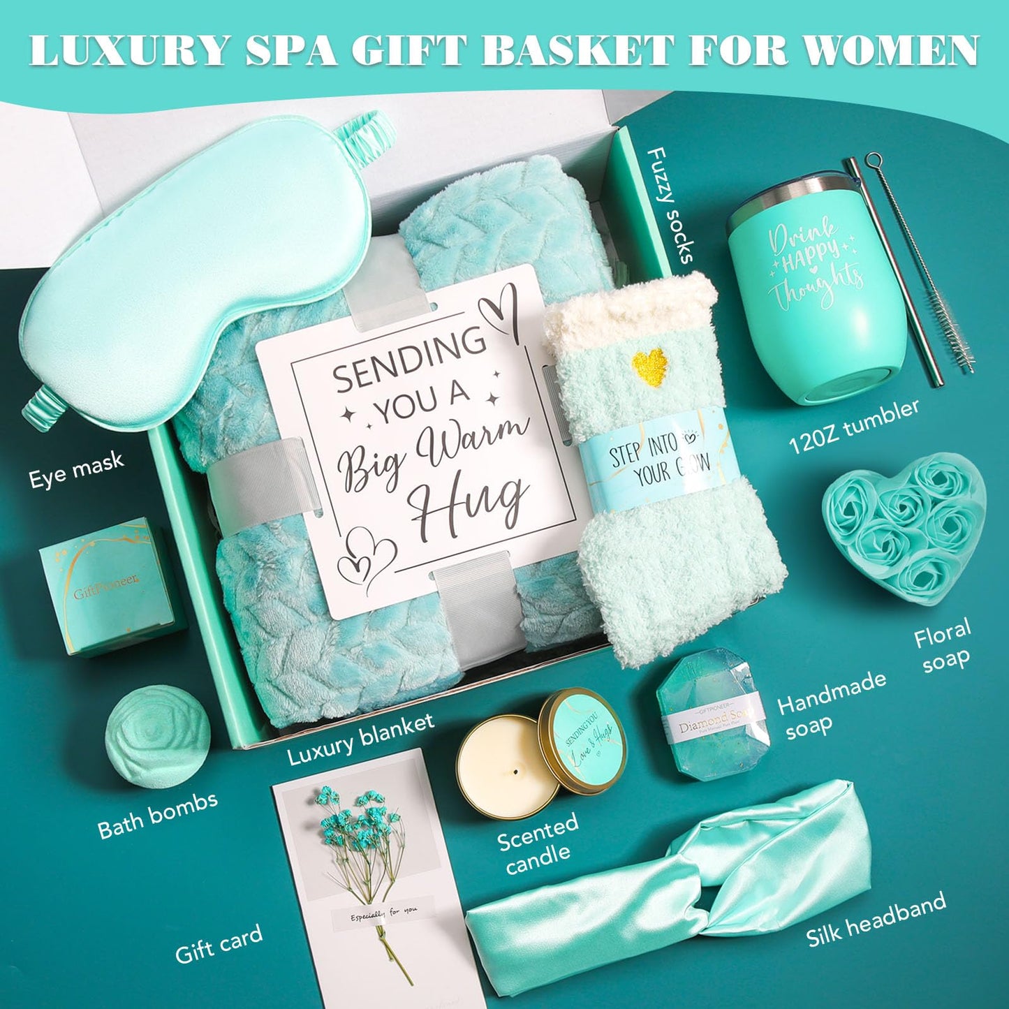 Birthday Gifts for Women, Self Care Friendship Gifts, Relaxing Spa Gifts Basket Care Package w/Luxury Flannel Blanket, Unique Ideas for Mom Her Friend Sister Wife (Ocean)