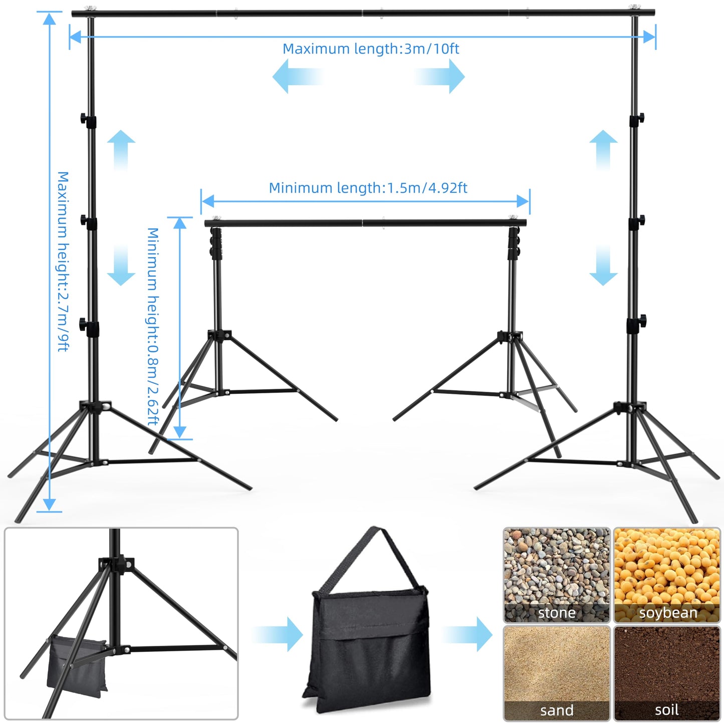 Backdrop Stand for Photography 9ft x 10ft Heavy Duty Photo Background Stands Support Kit with Carry Bag for Photo Studio, Photoshoot, Parties, Photographic Equipments