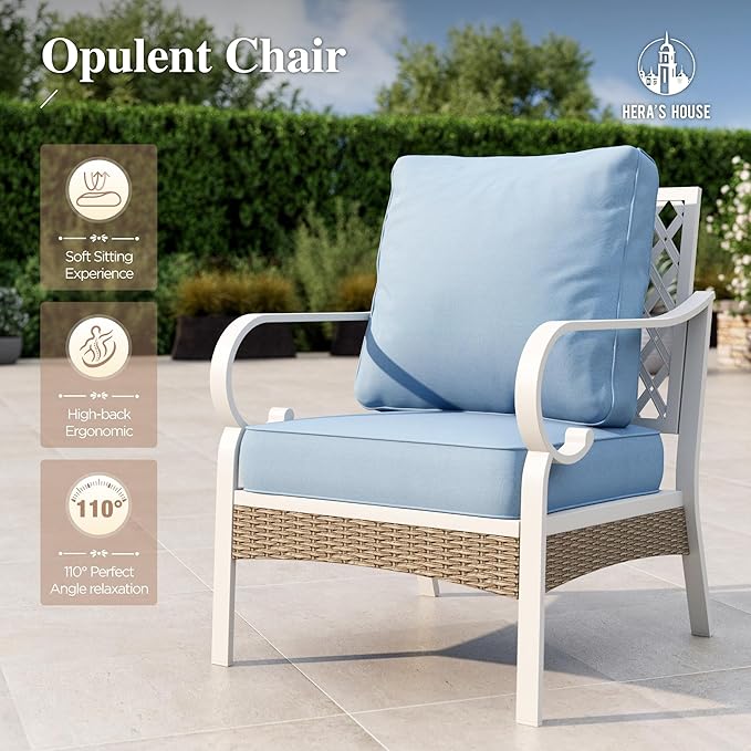 HERA'S HOUSE 4-Piece Patio Furniture Set with Metal & Rattan Design, Includes 2 Fixed Chairs, 3-Seat Sofa & Marble Coffee Table, All-Weather Outdoor Conversation Set for Garden Backyard Lawn, Blue