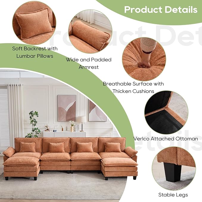 Oprisen 154" Modular Sectional Sofa, Comfy Cloud Couch Sectional Sofa with Ottoman, Chenille Sofa Sleeper Deep Seat Sofa with Throw Pillows for Living Room (Orange, 154"- U Shape)