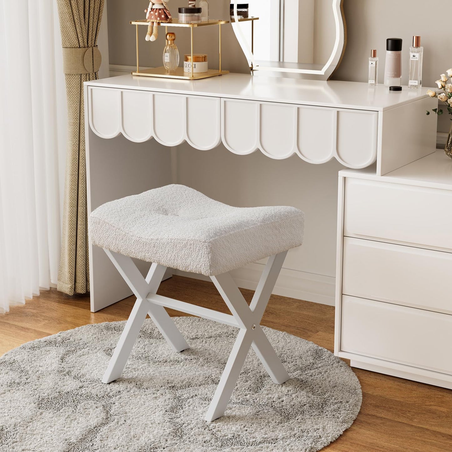 Memobarco 18-Inch Vanity Stool Chair, Vanity Bench with Metal X-Legs, Ottoman Foot Stool with Breathable and Soft Boucle Fabric Saddle Seat, White