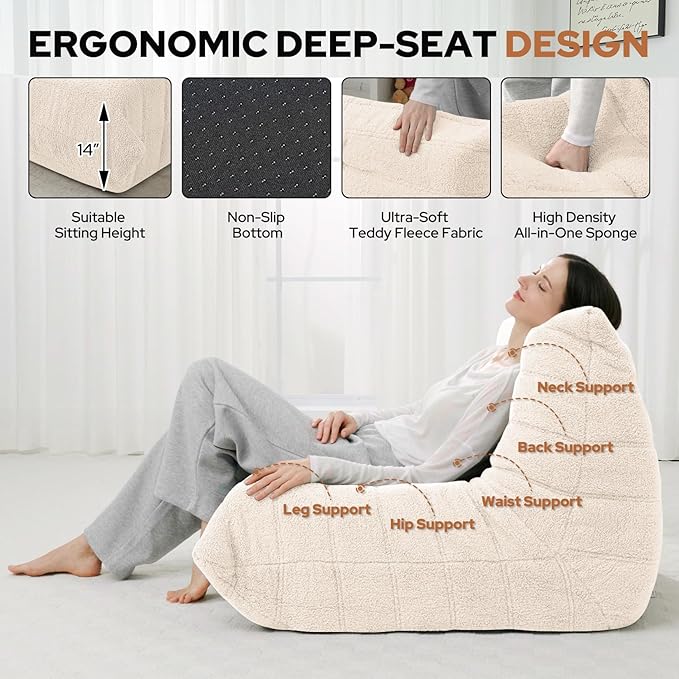HABUTWAY Bean Bag Chairs Fireside Lazy Floor Sofa, Soft Teddy Fleece Bean Bag Sofa with High-Resilience Foam Filling，Beanbag for Living Room, Bedroom, Office (Beige Teddy)