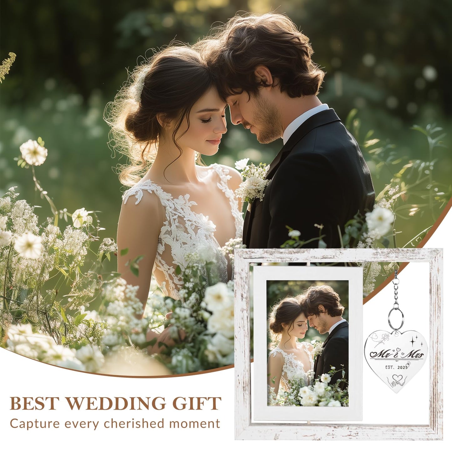 PIKPEOD Rotating Wedding Picture Frame 4x6 - Bridal Shower & Engagement Gifts for Couples & Newlyweds - Mr & Mrs Personalized Gifts