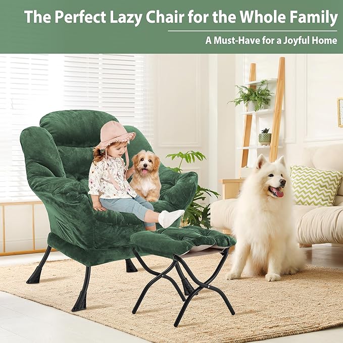 Youtanic Lazy Chair with Folding Ottoman, Accent Chair Plush Upholstered with Metal Structure and Non-Slip Pads, Sofa Armchair with Footrest and Side Storage Bag for Dorm, Room, Office, Green