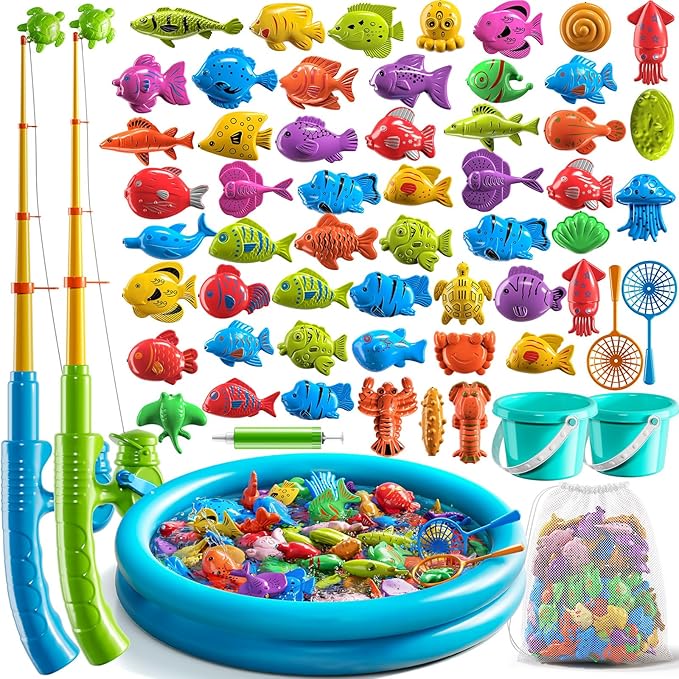 NIPLOOOW Pool Fishing Toys Games, Water Table Bathtub Toy with Inflatable Pool Pole Rod Net Plastic Floating Fish, Birthda...