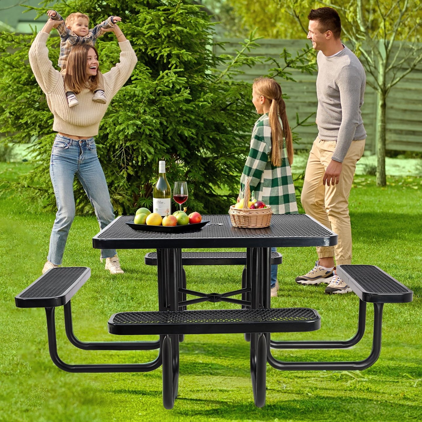 Jinrrenyi 46IN Square Metal Picnic Table Set with Umbrella Hole and Benches for Outdoor, Expanded Heavy Duty Metal Commercial Grade Patio Dining Furniture for Yard Patio Lawn Party Coffee, Black