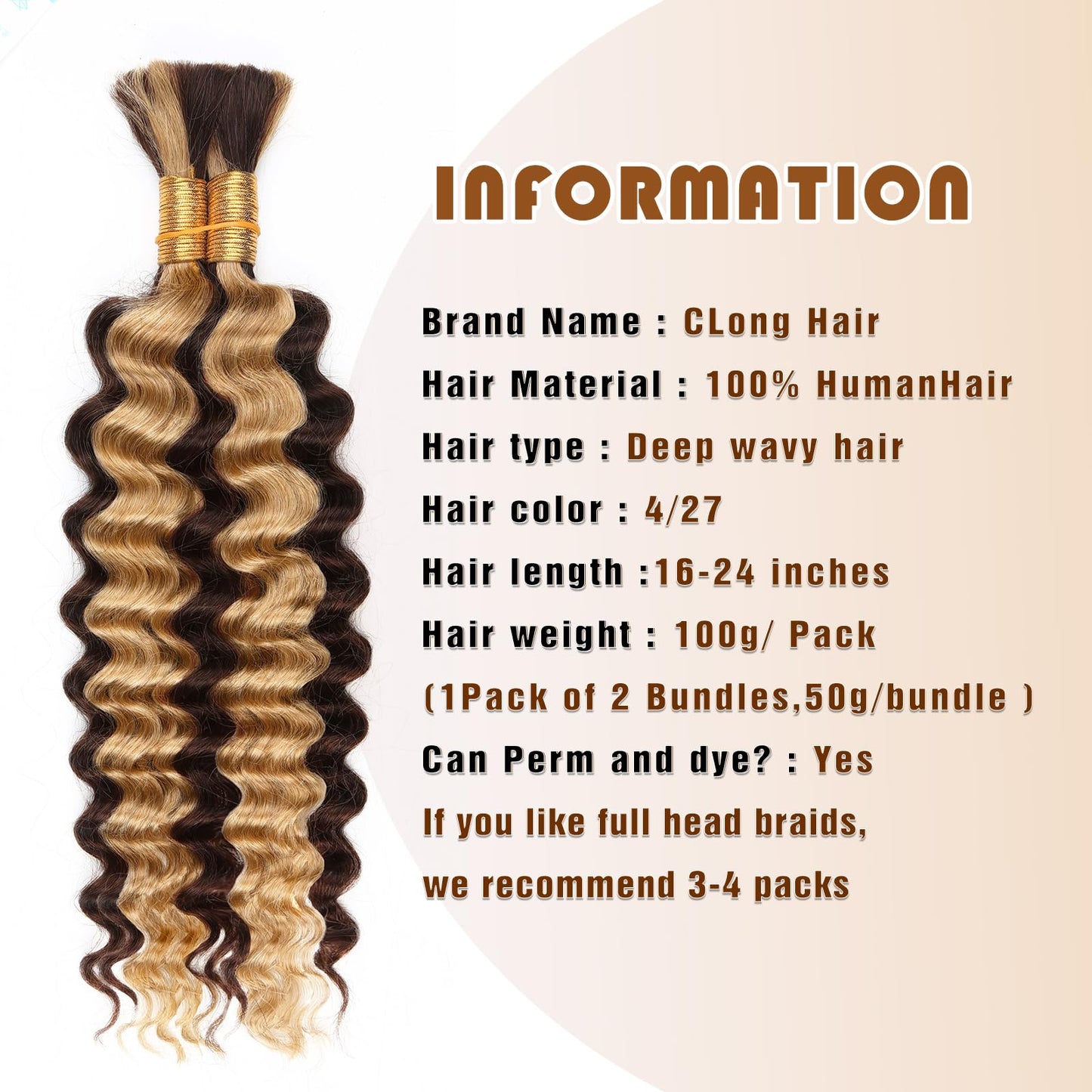 4/27 Honey Blonde Human Braiding Hair Deep Wave Bulk,Highlight No Weft Curly Braiding Hair Extensions for Boho Braids Wet and Wa