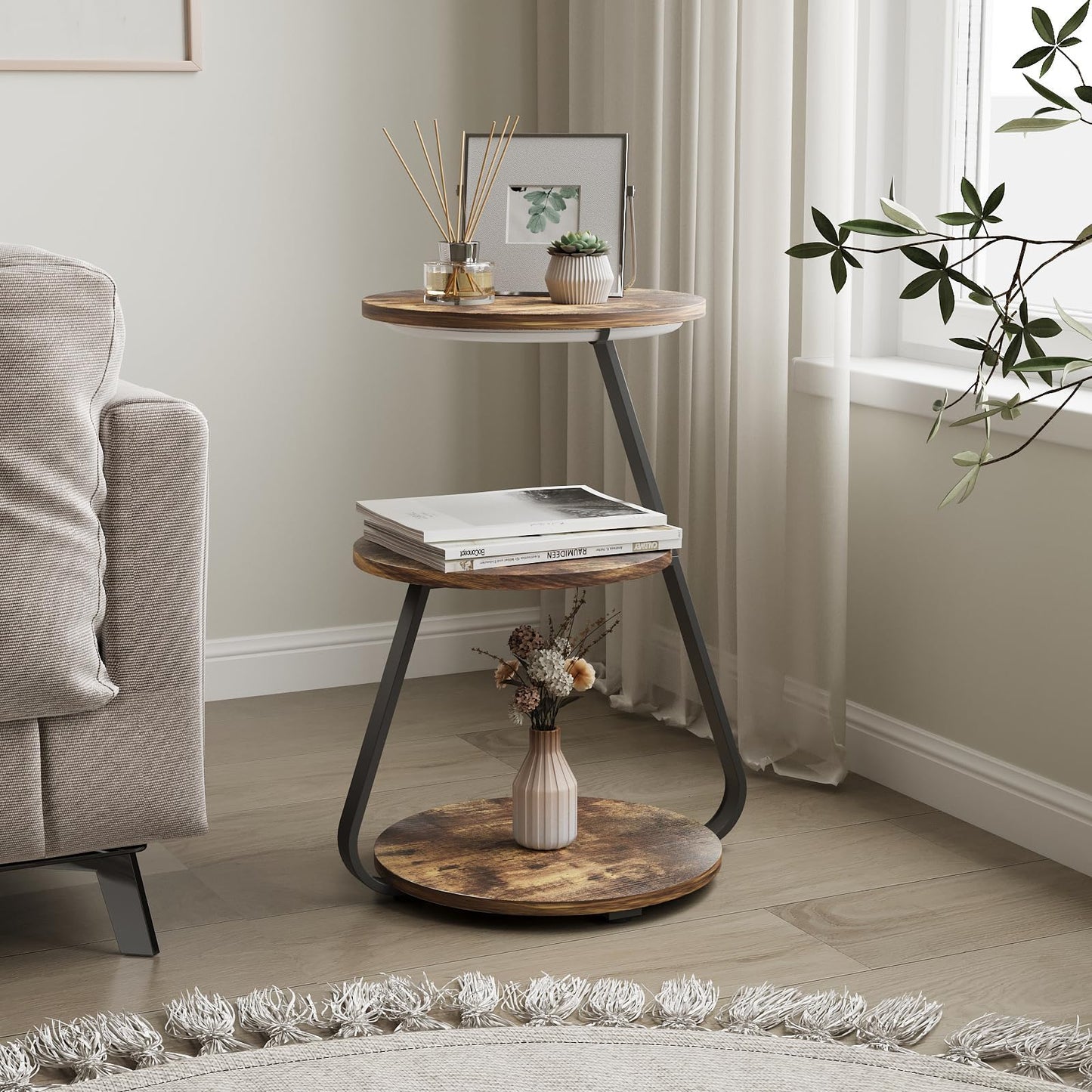 ARTETHYS Side Table Set of 2, Bedside Small Coffee Table with 3 Color LED Lights, End Table with 3 Tier Storage Shelves for Living Room Bedroom, Rustic Brown