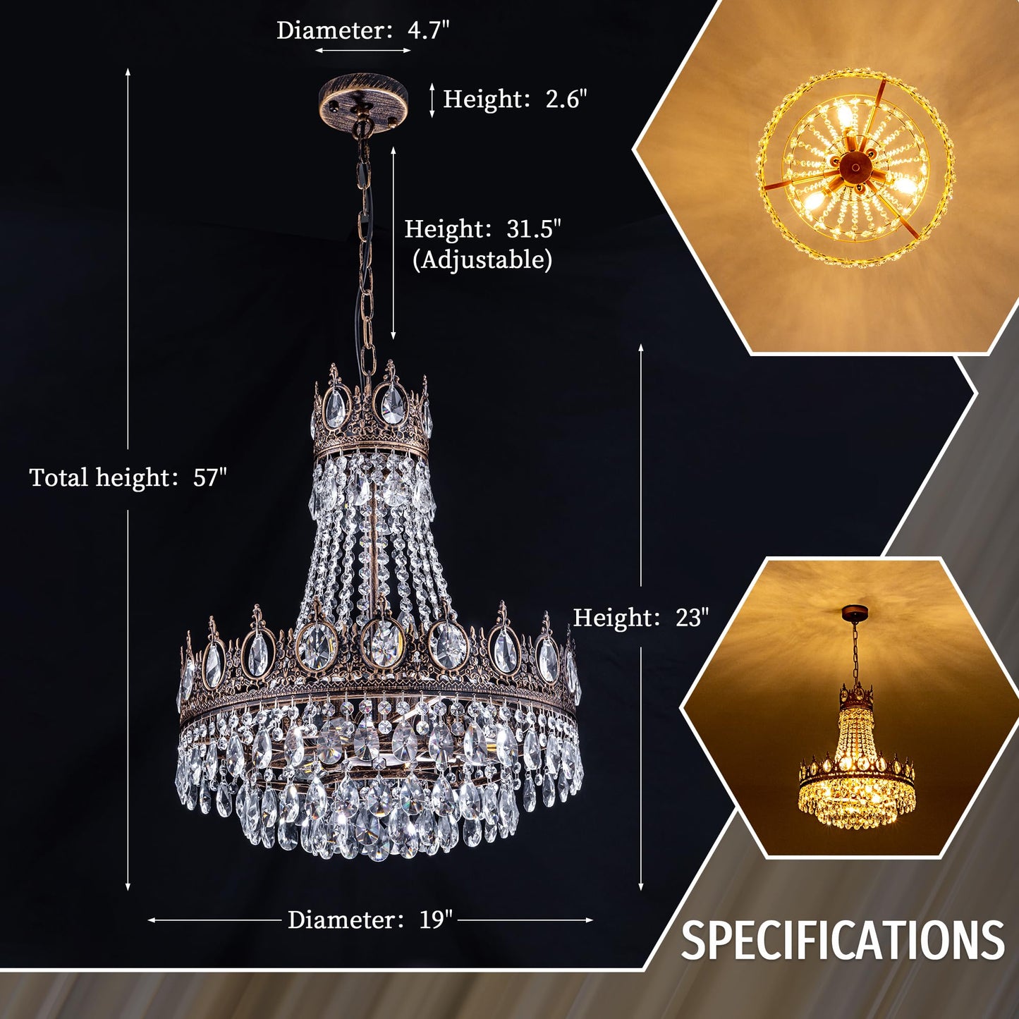 TOCHIC French Empire Crystal Chandelier 6-Light Farmhouse Antique Bronze Chandelier Vintage Rustic Ceiling Light Fixture for Dining Living Room, Bedroom, Kitchen Island, Bathroom, Foyer, 19" W