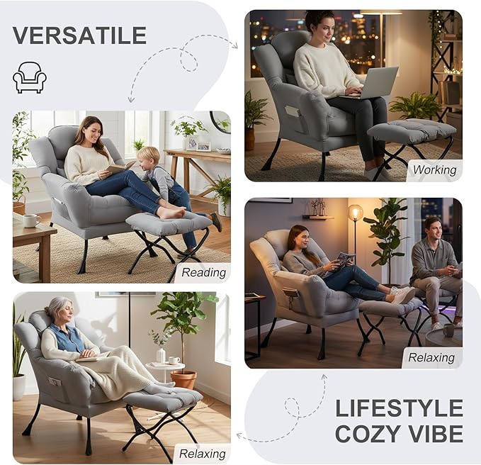 Furlide Lazy Chair with Ottoman, Modern Lounge Chair with Lumbar Pillow, Accent Cozy Reading Armchair and Folding Footstool for Bedroom, Dorm, Living Room,Light Grey