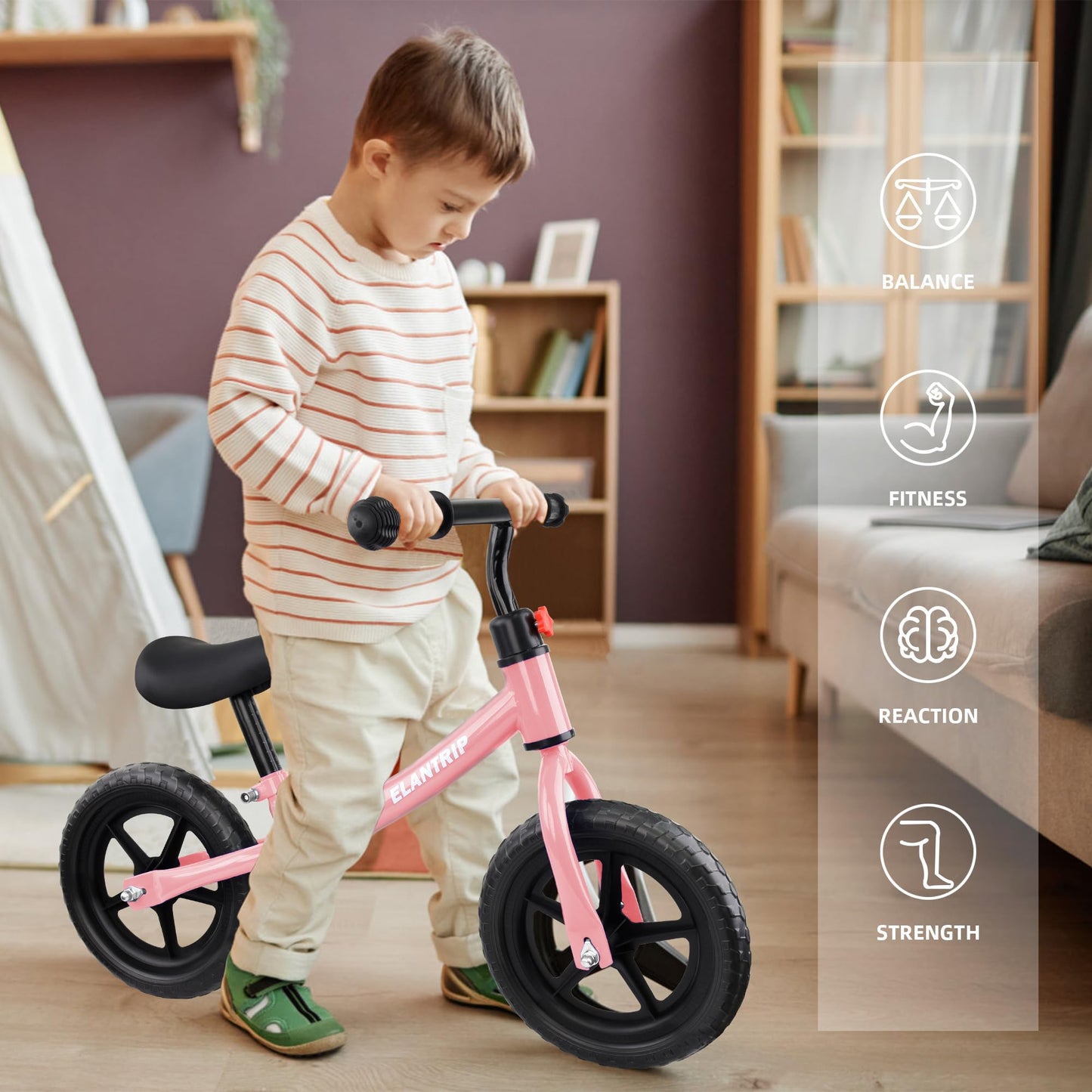 Elantrip Balance Bike, Lightweight Black Toddler Bike for 1-3 Year Old Boys, Birthday Gift Toys for 1-3 Year Old Boys and Girls, No Pedal Bikes for Kids with Adjustable Handlebar and seat