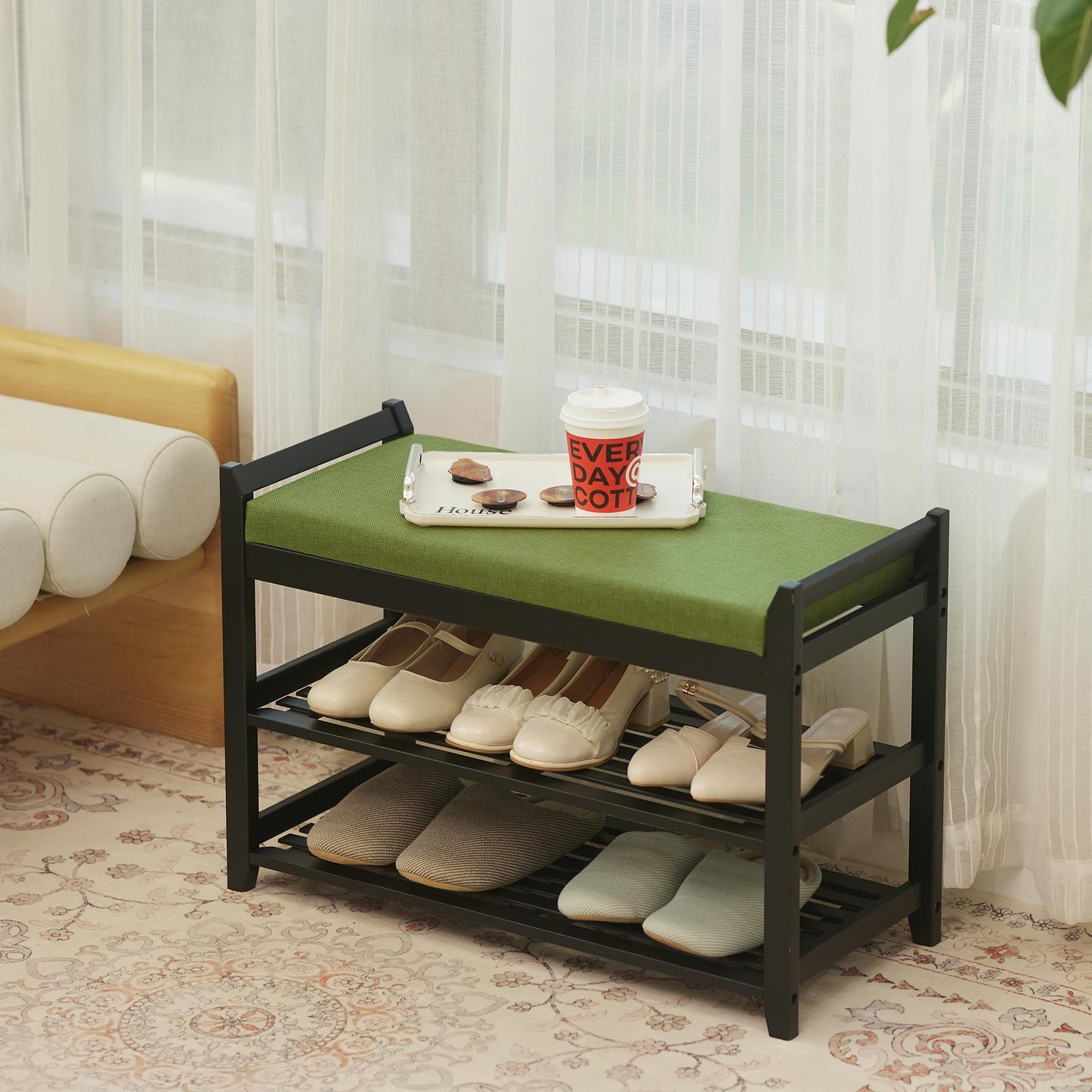 PETKABOO Shoe Rack Bench with Storage 27.6 in, Black Shoe Storage Bench with Cushion for Entryway, Hallway, Bedroom, Living Room