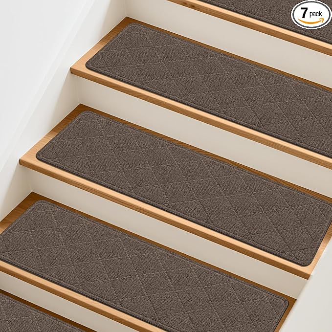 Stair Treads Non-Slip for Wooden Steps, 7Pack - 8" x 30" Edging Stair Runner Indoor for Kids Elders & Pets, Washable Carpet Stair Treads with Peel & Stick Reusable TPE Backing, Brown