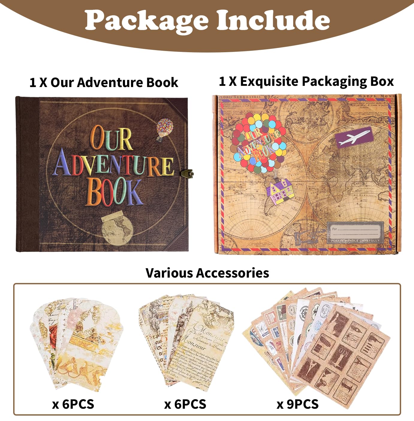 Our Adventure Book Scrapbook, Photo Album 146-Page, Retro Embossed Travel Scrapbook, Up Memory Book for Couples, Gifts, Anniversary, Wedding (8.9 * 7.7 in)