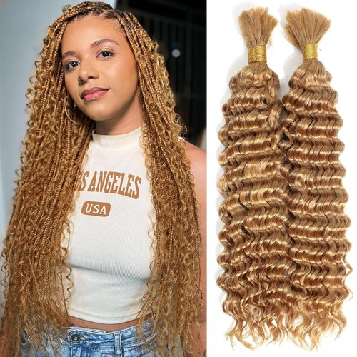 Fabimiya Deep Curly Braiding Human Hair 100g 22 Inch Color 27 Honey Blonde Deep Water Wave Bulk Human Hair for Braiding 10A No Weft Brazilian Virgin Deep Curly Human Hair Extensions for Boho Braids