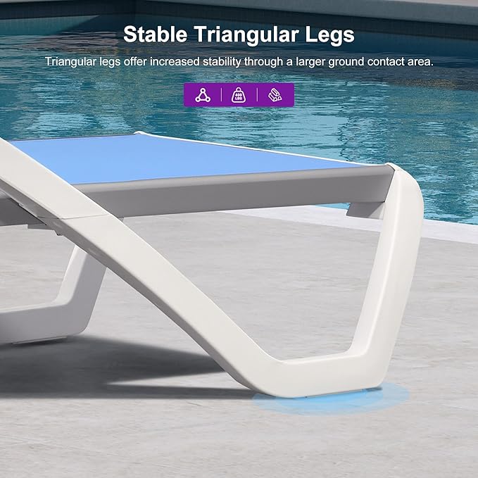 PURPLE LEAF Patio Chaise Lounge Chair Set of 3 Outside Aluminum Plastic Stackable Tanning Chairs with Armrests and Side Table for Pool Sunbathing Beach Deck Outdoor Lounger, Royal Blue
