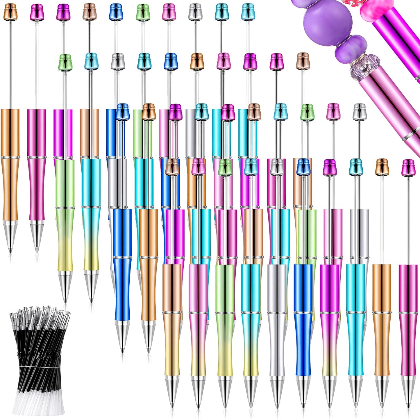 Crtiin 100 Pieces Plastic Beadable Pen Bulk Kit 50 Bead Ballpoint Shaft Black Ink Beaded Pens with 50 Refills for DIY Making Gift Kids Students Office School Supplies(Black)
