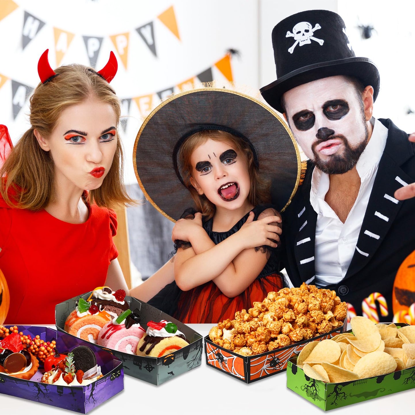 Suttmin 48 Pcs Happy Halloween Paper Trays Disposable Halloween Coffin Boxes Trays Treat Serving Basket Disposable Snack Food Treat Hamburger Holder Party Decoration Supplies
