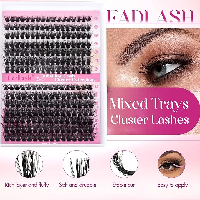 FADLASH Lash Clusters 80D+100D Fluffy Eyelash Clusters 8-16mm Individual Lashes Cluster Eyelash Extensions 3D Effect Wispy 280pcs Thick Lash Extension Clusters (80D+100D-0.07-D, 8-16mm)